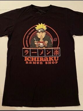 VINTAGE 2002 Naruto Ichiraku Ramen Shop Graphic Tee - Black with Orange & Yellow